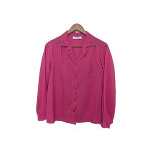 Vintage 80s  Silky Fuschia Pink Embroidered Collar Long Sleeve Blouse